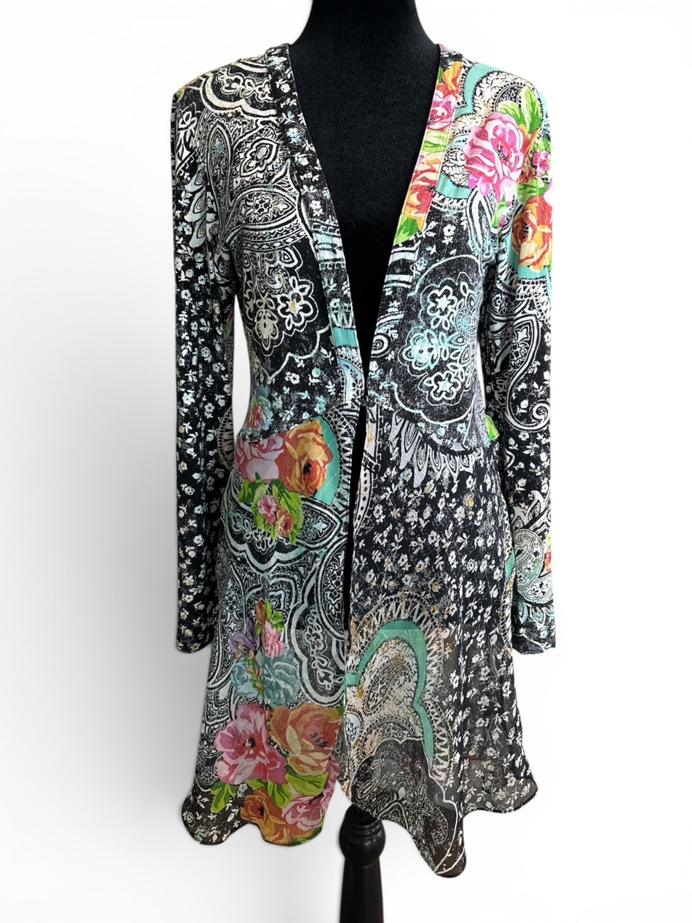 Laura Max Black Paisley Floral Open Duster with Pink & Mint Accents